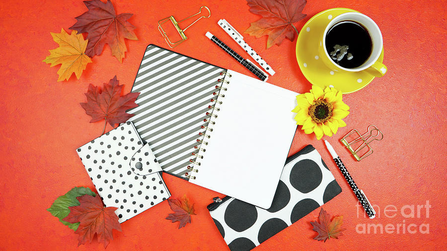 Autumn Fall desktop workspace blog header overhead flat lay. #1 Photograph by Milleflore Images