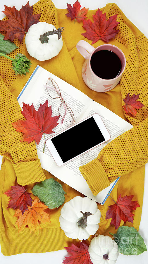 Autumn Fall Thanksgiving hygge flatlay with sweater, reading glasses and book. #1 Photograph by Milleflore Images