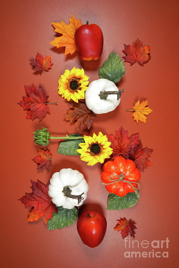 Autumn Fall theme flat lay background with pumpkins and maple leaves. #1 Photograph by Milleflore Images