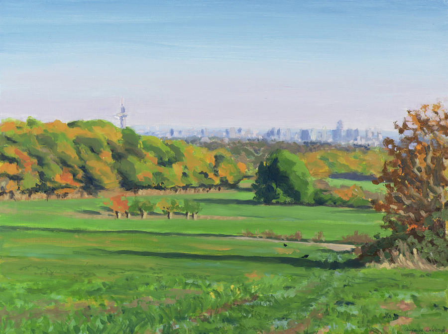 Autumn landscape with city skyline  #1 Painting by Constanza Weiss