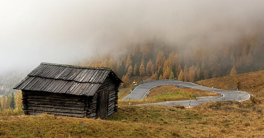 Autumn landscape with wooden chalet dolomiti Italian Apls #1 Photograph by Michalakis Ppalis