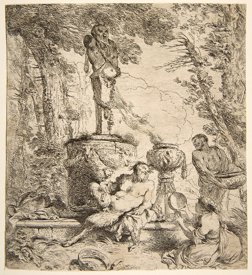 Bacchanal before an altar to the gods #2 Drawing by Giovanni Benedetto Castiglione