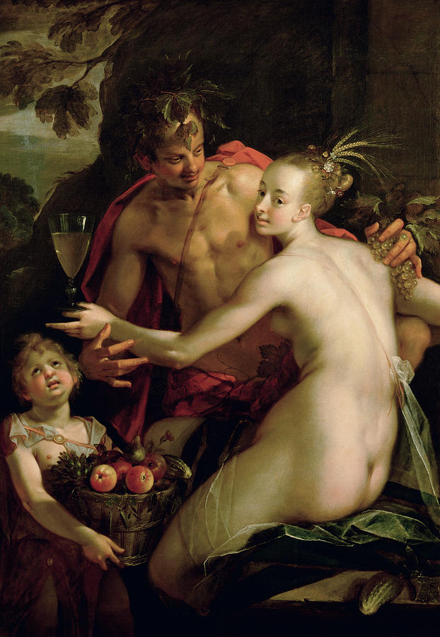 Nude Painting - Bacchus, Ceres and Amor #1 by Hans von Aachen