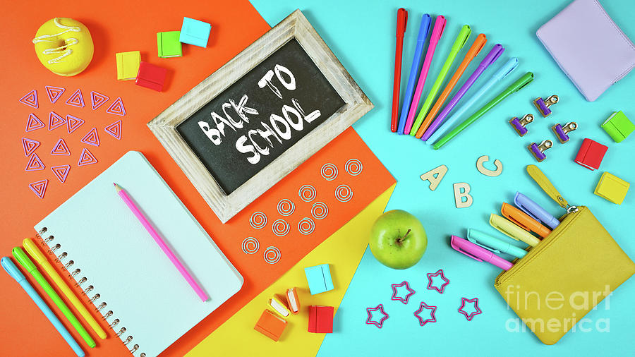 Back to school colorful kids theme concept flat lay #1 Photograph by Milleflore Images