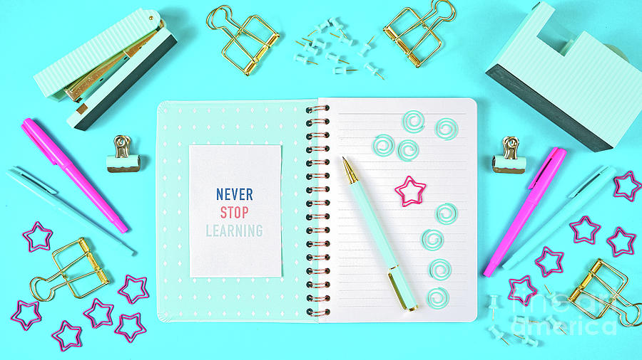 Back to school concept blue theme notebook with stationery. #1 Photograph by Milleflore Images