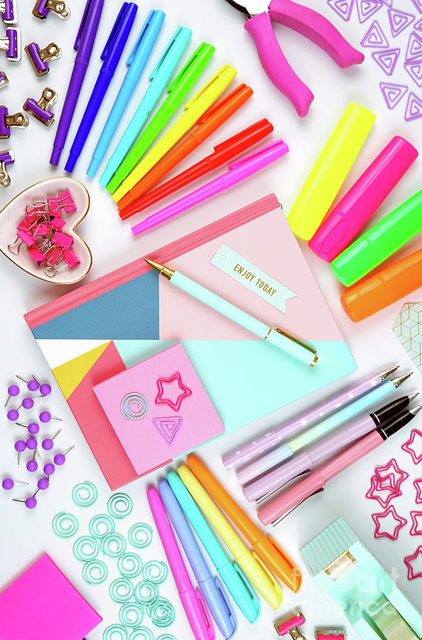 Inspirational Photograph - Back to school or workspace colorful stationery overhead flatlay. #1 by Milleflore Images