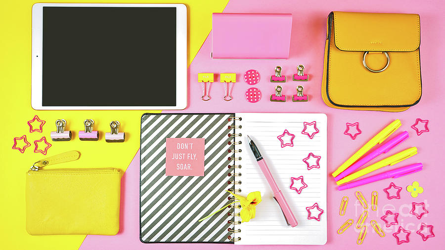 Back to school pink and yellow teens theme concept flat lay. #1 Photograph by Milleflore Images