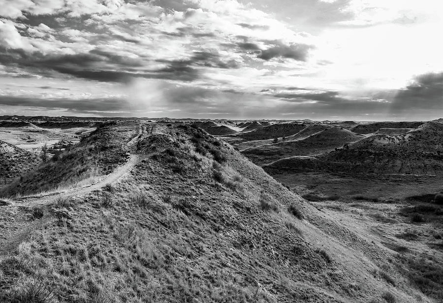 Badlands Hiking Trail Black And White #1 Photograph by Dan Sproul