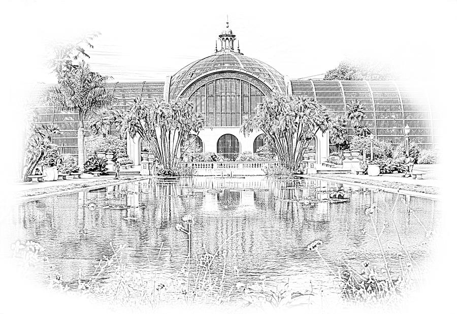 Balboa Park Botanical Building and Lily Pond #1 Digital Art by Christine Ley