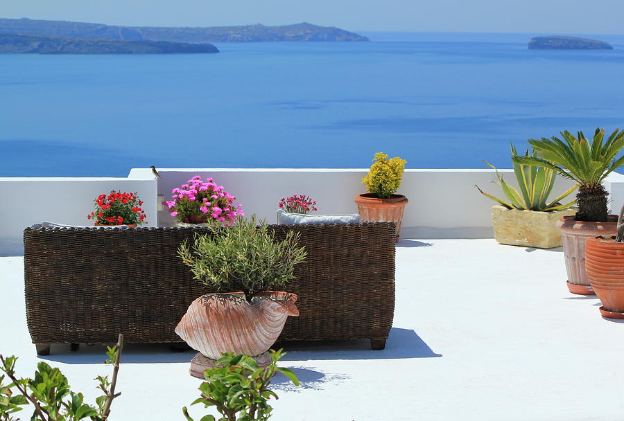 Balcony at Oia village in the Caldera, Greece #1 Photograph by Elenarts - Elena Duvernay photo
