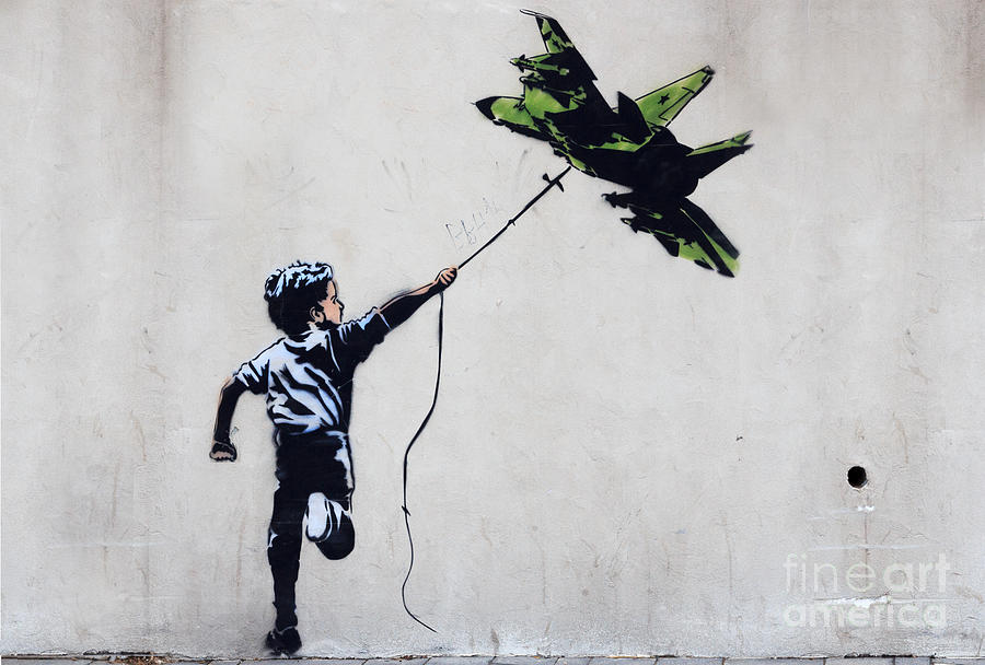 Boy With War Plane Kite - Banksy Graffiti Street Art Painting by My ...