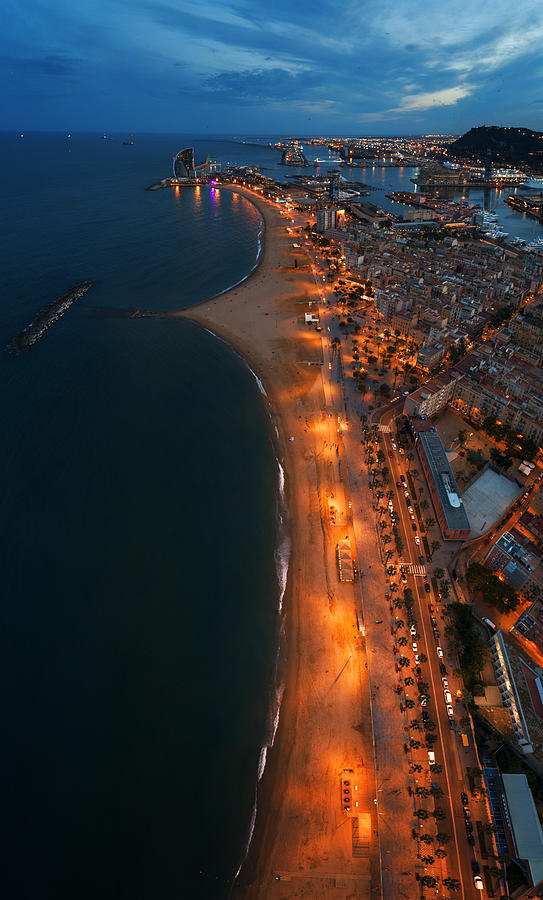 Barcelona Coast aerial night view  #1 Photograph by Songquan Deng