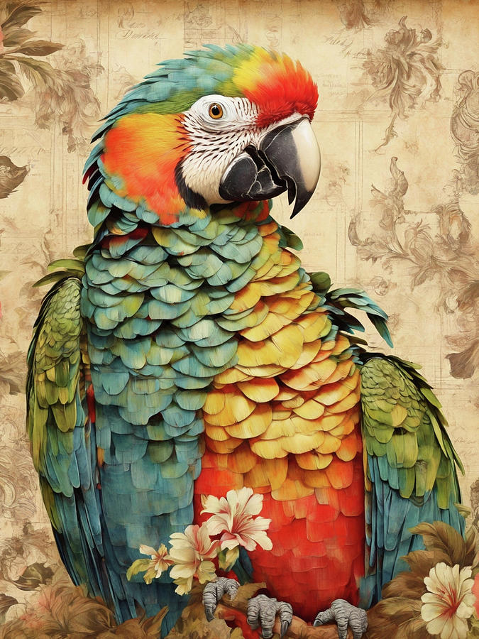 Vintage Parrot Portrait Digital Art by Sophia Gaki Artworks