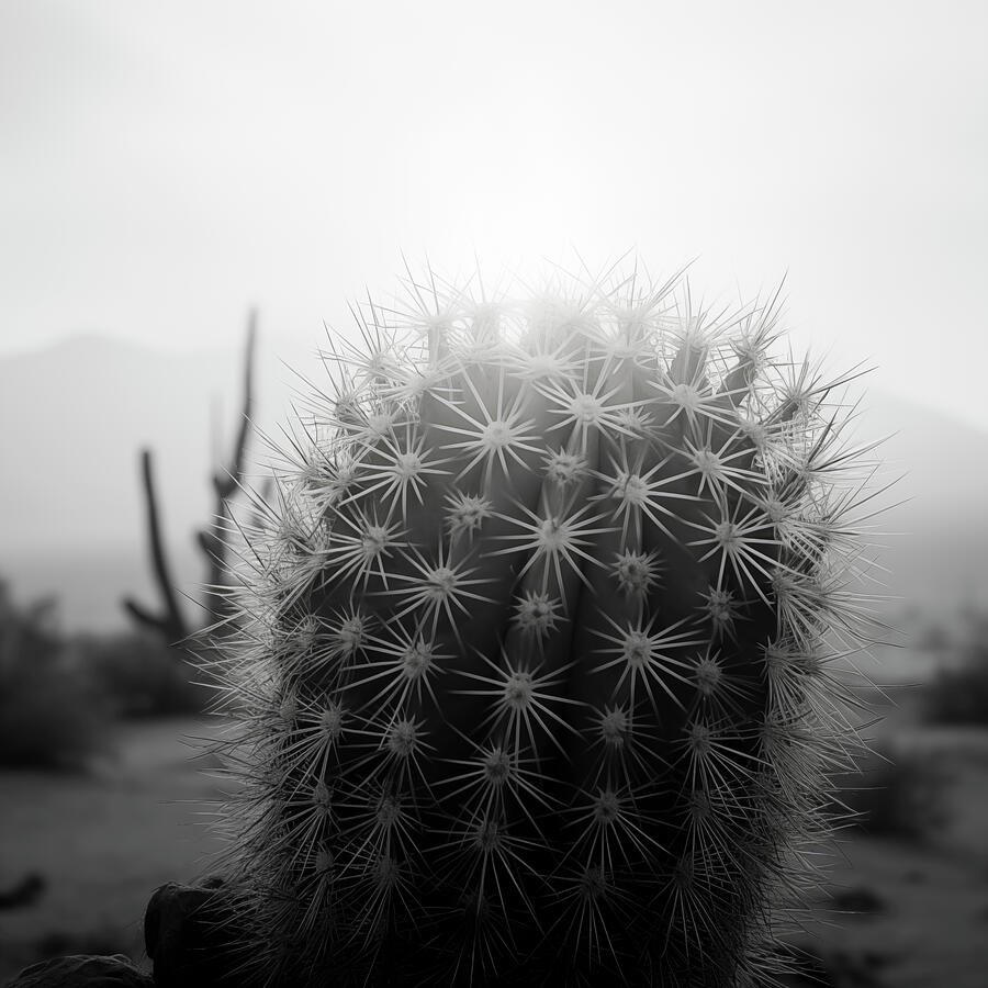 Black And White Digital Art - Barrel Cactus in Morning Fog #1 by Yo Pedro