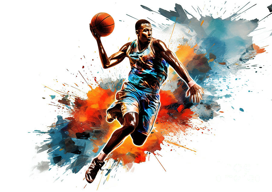 Basketball watercolor splash player in action. #1 Digital Art by Odon Czintos