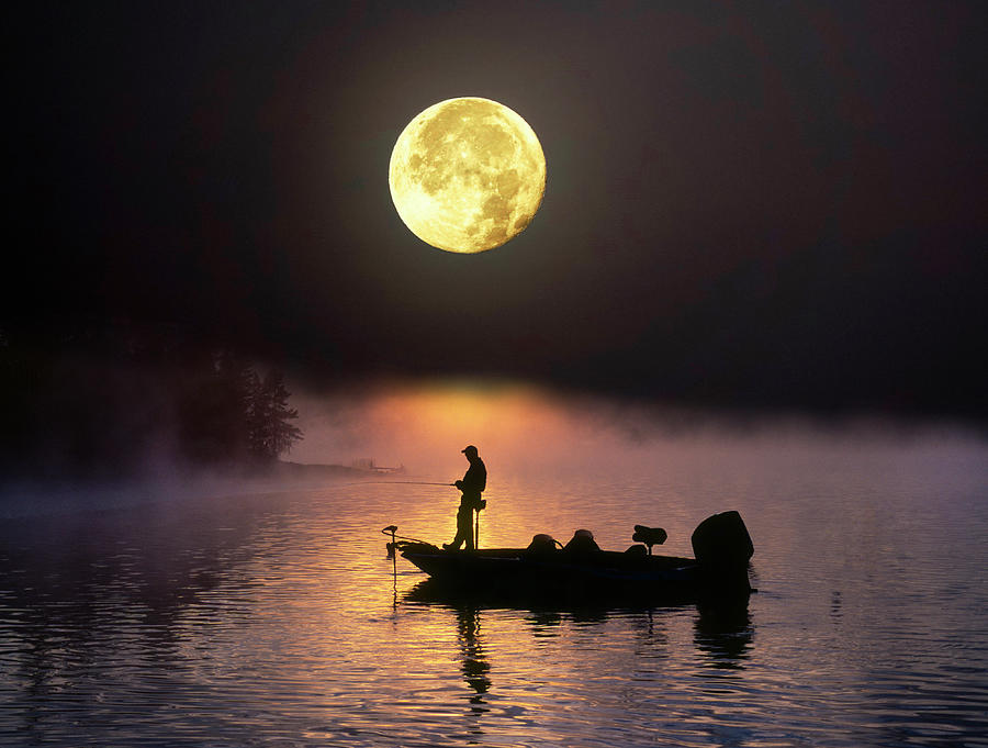 Fish Photograph - Bass fisherman under a rising moon #1 by Buddy Mays