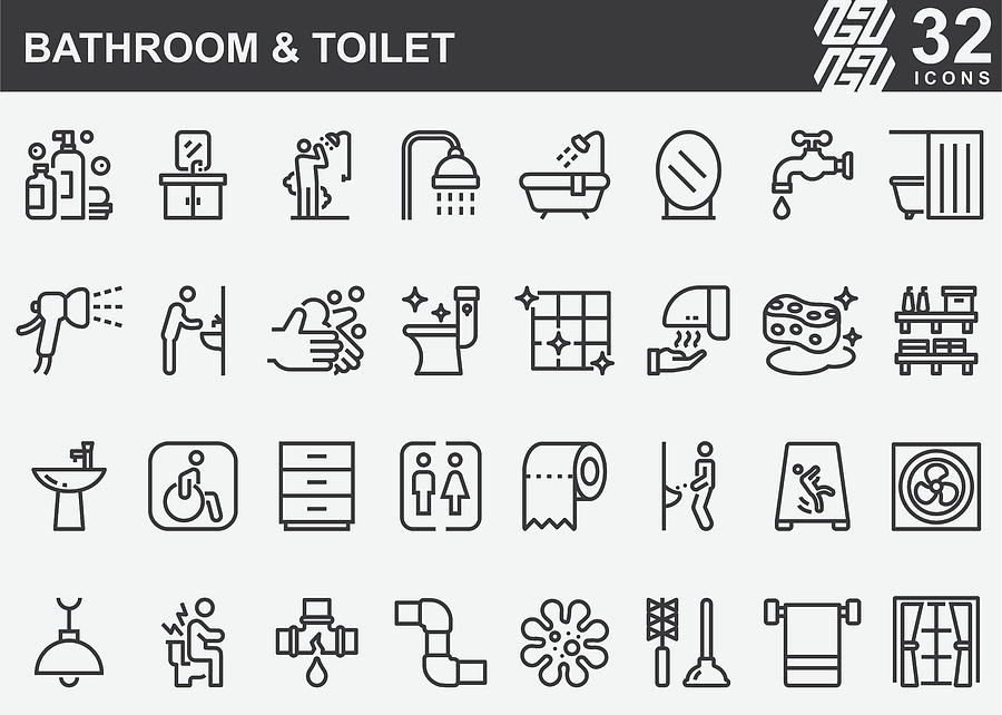 Bathroom and Toilet Line Icons #1 Drawing by LueratSatichob