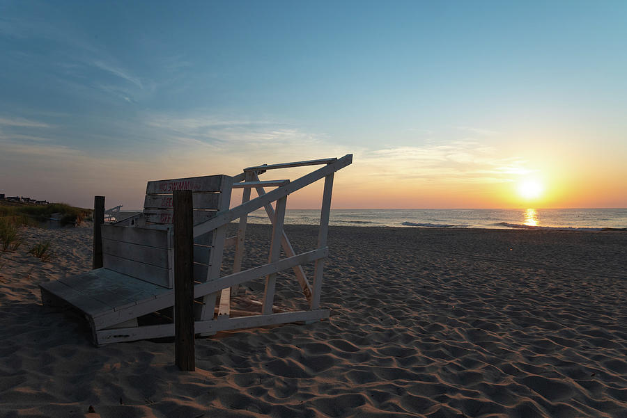 Beach Sunrise with Lifeguard Chair on the Jersey Shore #1 Photograph by Matthew DeGrushe