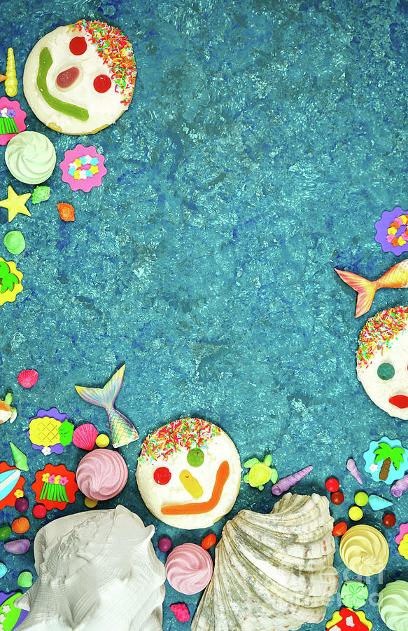 Beach theme flatlay with shells, fish tails, summer party icons and cookies. #1 Photograph by Milleflore Images