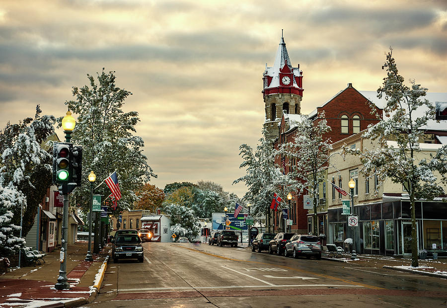 Beautiful Bedazzled Burg -  Stoughton Wisconsin dusted with snow with fall colors still showing Photograph by Peter Herman