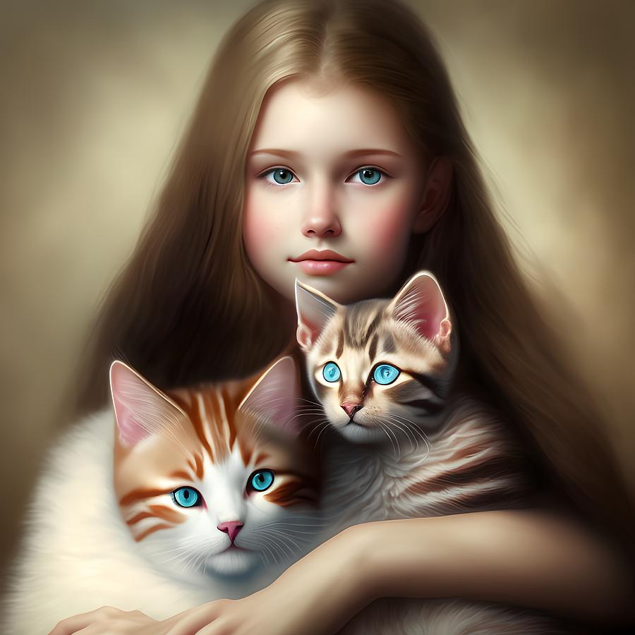 Beautiful Girl with Kitten, Generative AI Illustration Digital Art by ...