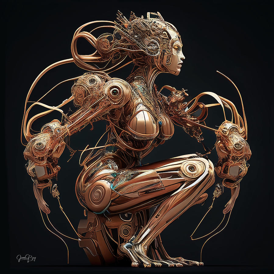 Beautiful Golden Cybernetic Young Robot Woman Digital Art By Jim Brey