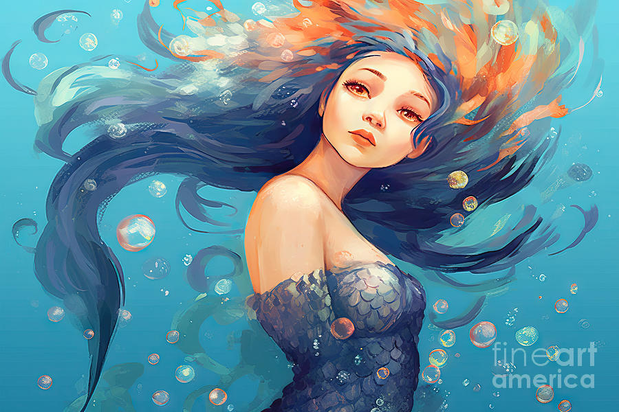 Mermaid Painting - Beautiful little mermaid girl swimming underwater illustration.  #1 by N Akkash