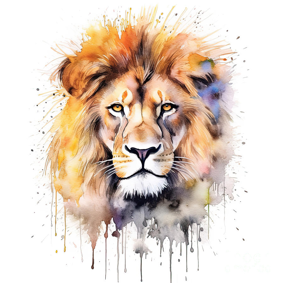 Beautiful male lion with full mane, isolated on white background. Digital watercolour illustration. #1 Digital Art by Jane Rix