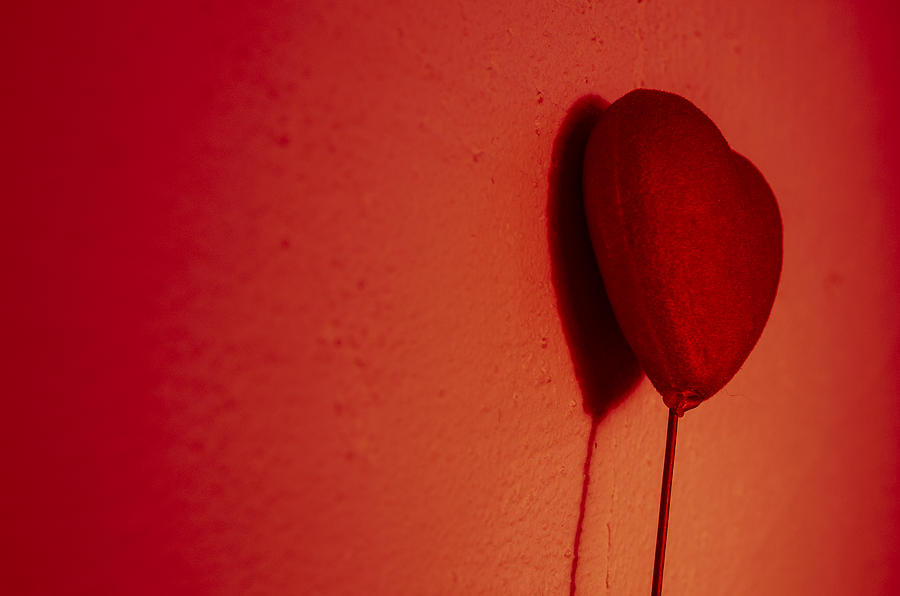 Beautiful red heart play game with a shadow on wall #1 Photograph by Osumposums