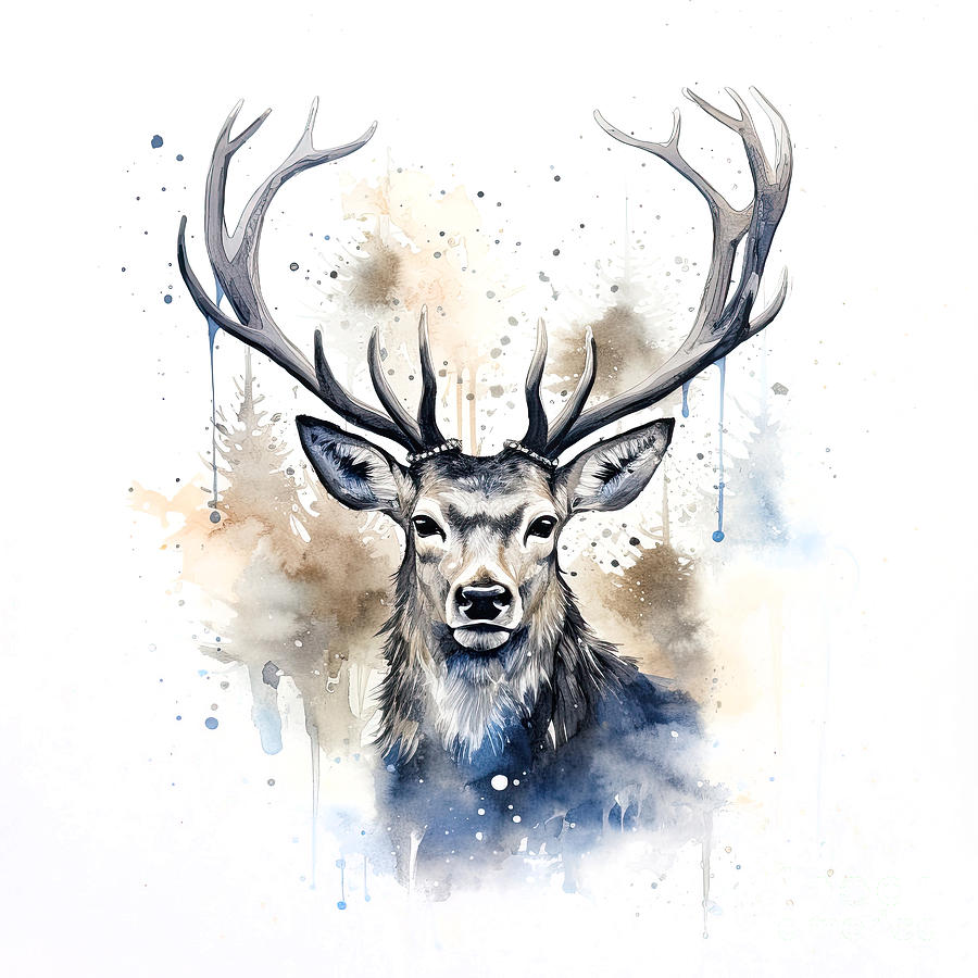 Beautiful stag in a forest, front view of a male in his prime. Digital watercolour. Digital Art by Jane Rix
