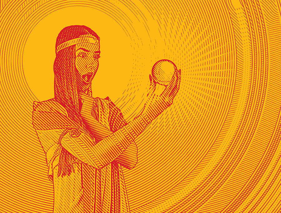 Beautiful woman fortune teller with shocked expression holding crystal ball #1 Drawing by GeorgePeters