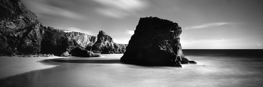 Bedruthan steps Beach Cornwall Black and white #1 Photograph by Sonny Ryse