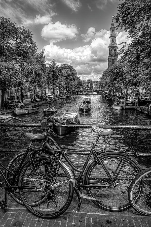 Bicycles on the Canals II in Black and White Photograph by Debra and Dave Vanderlaan