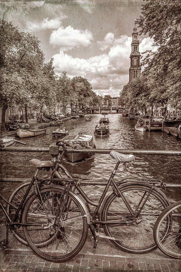 Bicycles on the Canals II in Vintage Sepia Photograph by Debra and Dave Vanderlaan