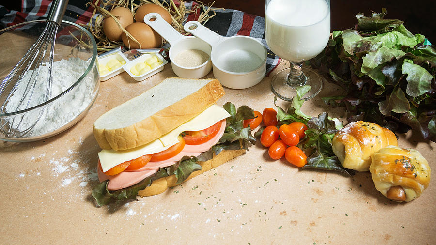 Big Sandwich With Ham, Cheese And Vegetables On Woodboard #1 Photograph by Ultramansk