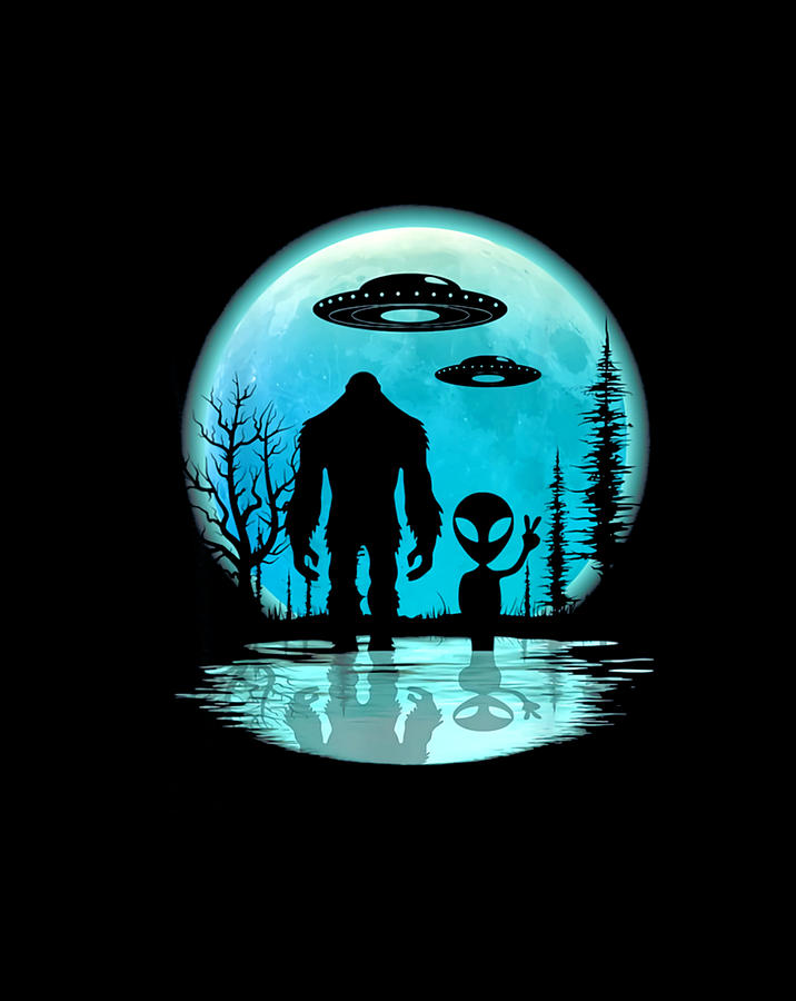 Bigfoot And Alien Under The Moon I Want To Believe Funny Digital Art By Frank Nguyen
