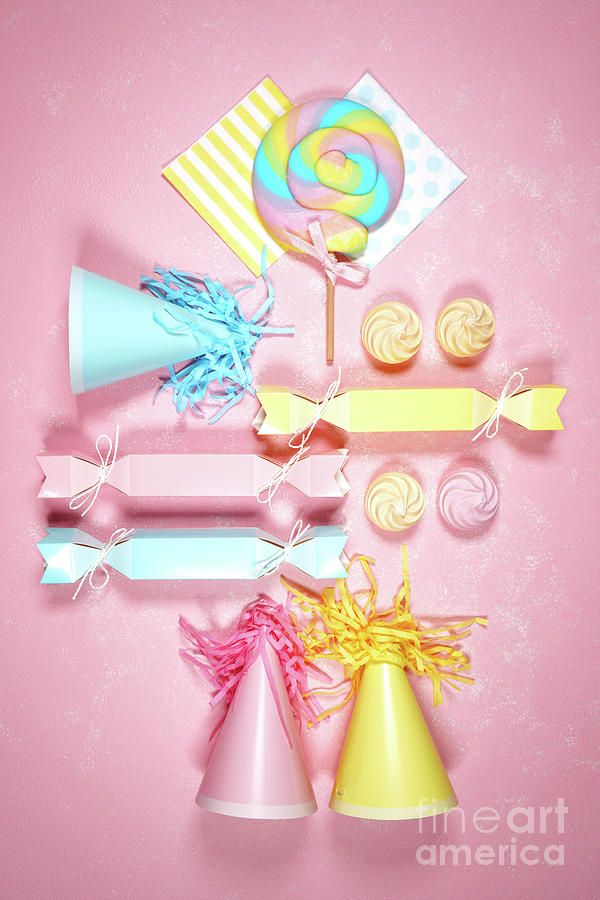 Birthday and party theme flatlay styled with party hats and bon bons. #1 Photograph by Milleflore Images