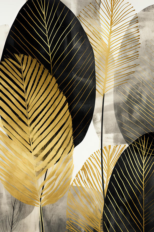 Black and Gold Leaves Minimalist Painting by Lourry Legarde