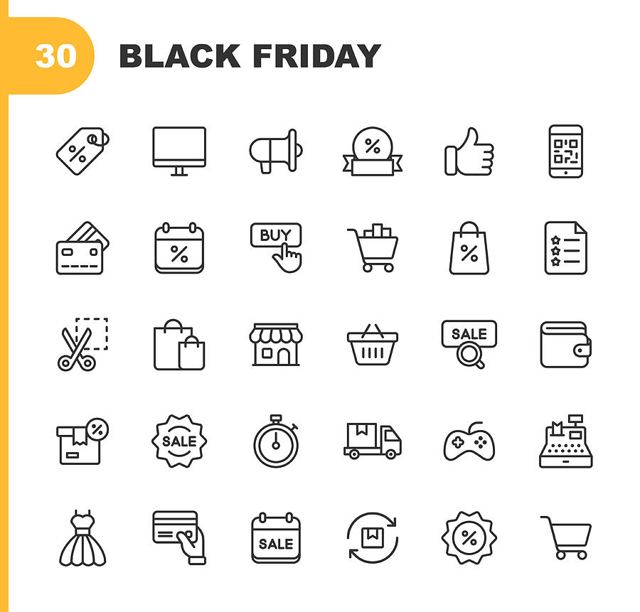 Black Friday and Shopping Icons. Editable Stroke. Pixel Perfect. For Mobile and Web. Contains such icons as Black Friday, E-Commerce, Shopping, Store, Sale, Credit Card, Deal, Free Delivery, Discount. Drawing by Rambo182