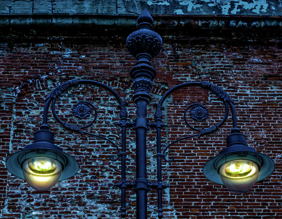 Black Iron Lamp by Old Brick Wall #1 Photograph by Darryl Brooks