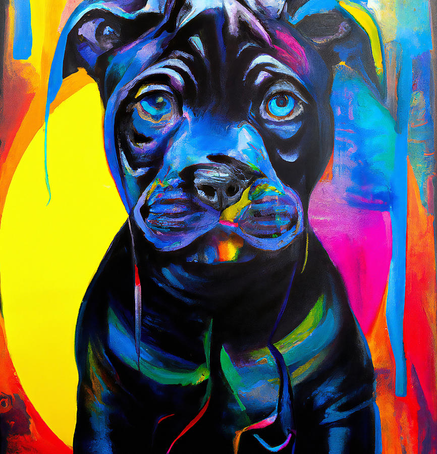 Black Pitbull Puppy Dog - Colorful Portrait Painting by StellArt Studio ...