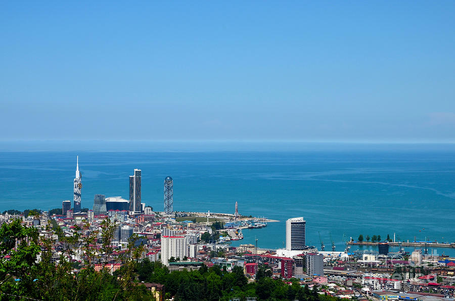 Black Sea horizon with city skyline cable cars tall buildings Batumi Georgia #2 Photograph by Imran Ahmed