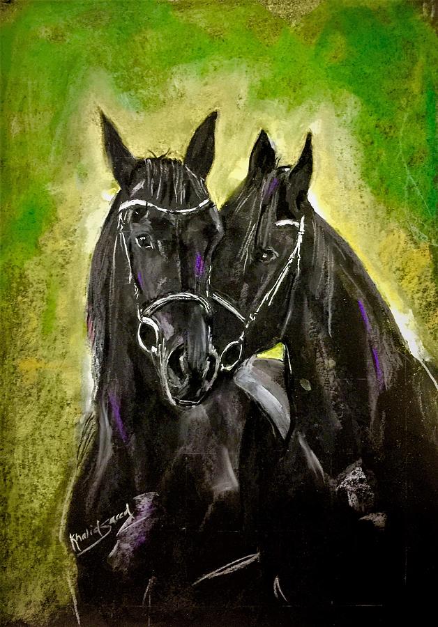 Black stallions #1 Pastel by Khalid Saeed