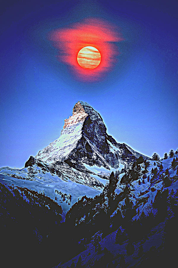 Blood Moon over Matterhorn, Zermatt, Switzerland #1 Painting by Celestial Images
