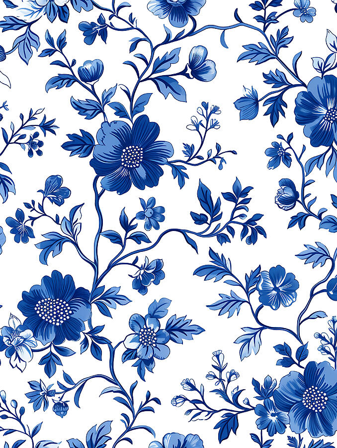 Blue Digital Art - Blue And White Floral Pattern #1 by Benameur Benyahia