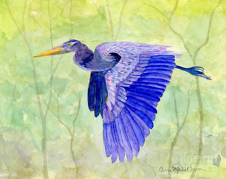 Blue Heron in Flight #1 Painting by Anne Marie Brown
