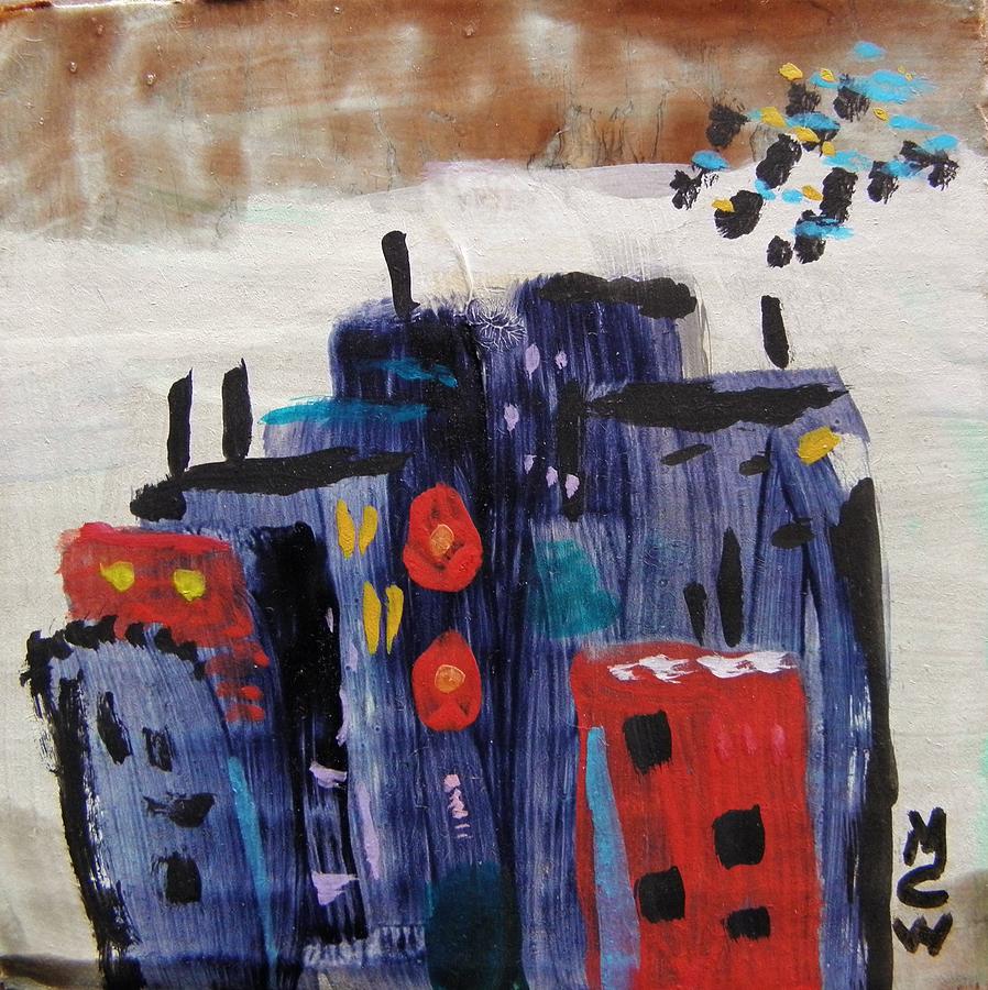 Blue Red Cityscape #2 Painting by Mary Carol Williams