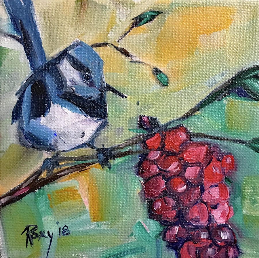 Blue Wren with Grapes Painting by Roxy Rich