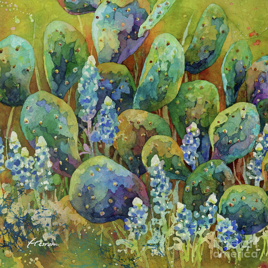 Bluebonnets and Cactus - Prickly Pear #1 Painting by Hailey E Herrera