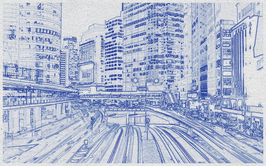 Blueprint drawing of City Buildings Under White Sky #1 Digital Art by Celestial Images